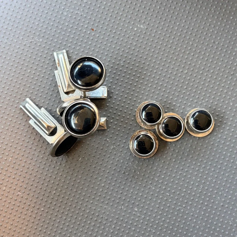 Vintage Men Tuxedo Cufflinks and Studs Set Black Cabochon Silver Tone Formalwear